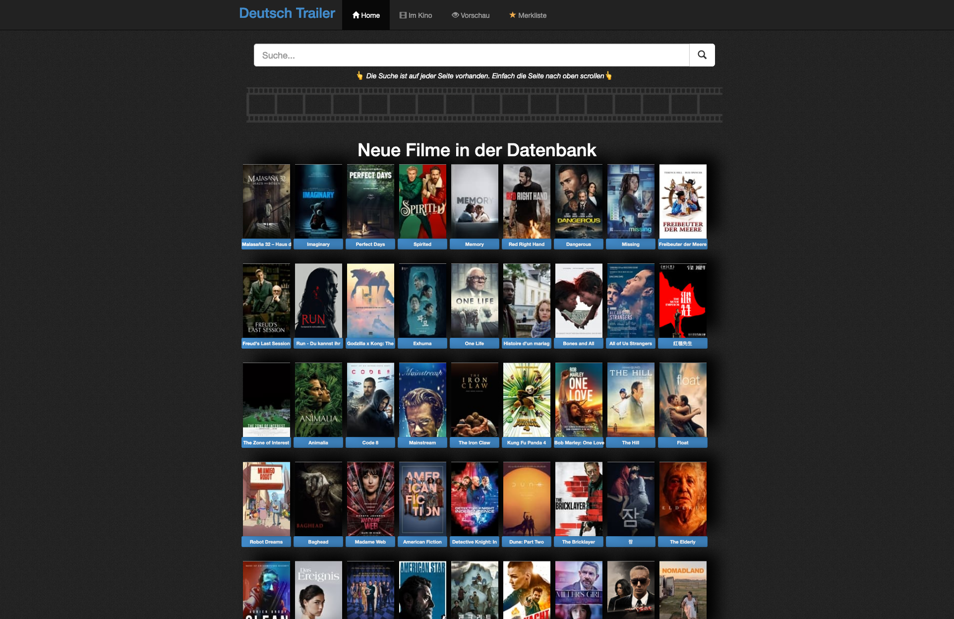 Homepage Image of Movie Page with Trailers