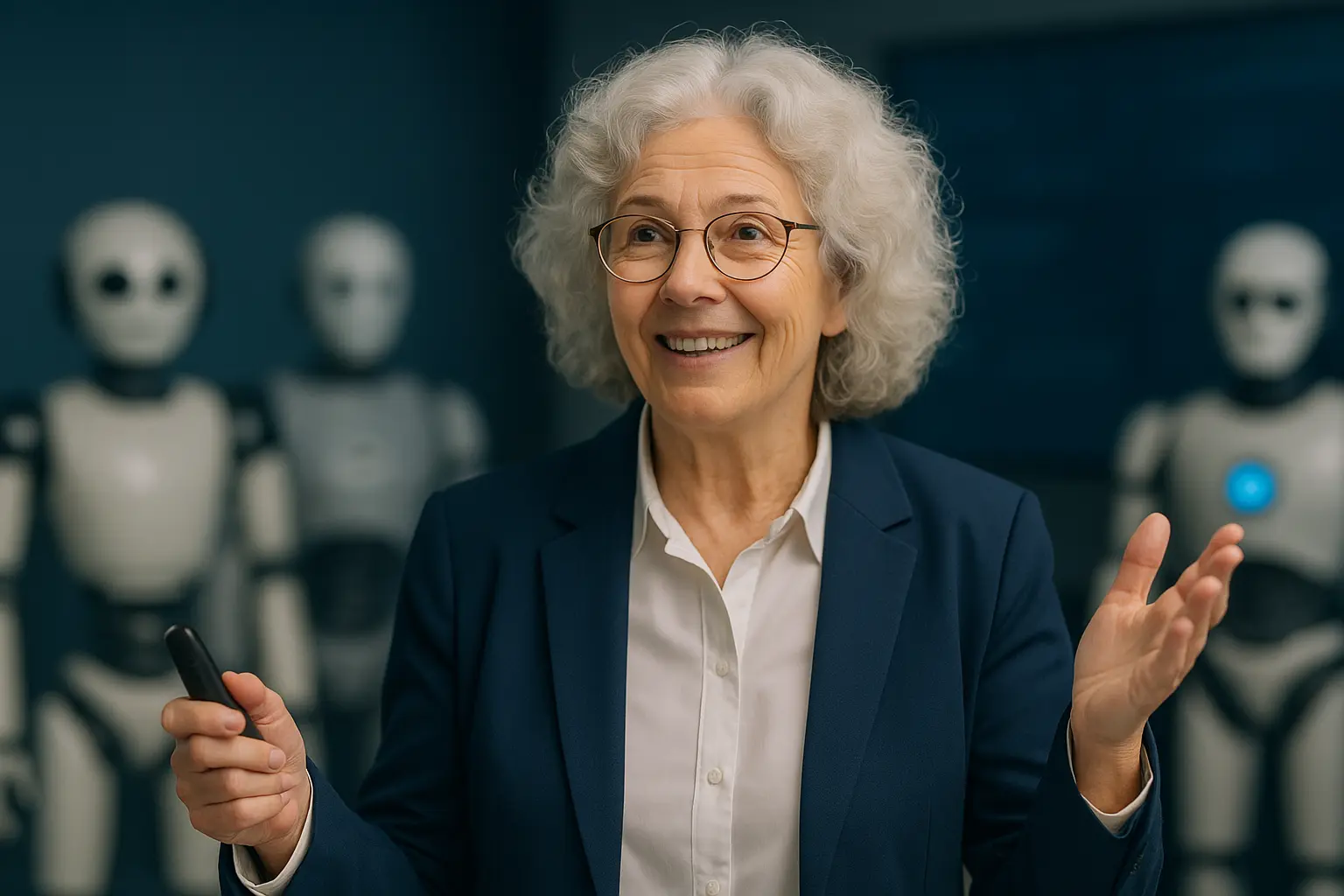 Professorin mit KI-Robotern im Hintergrund