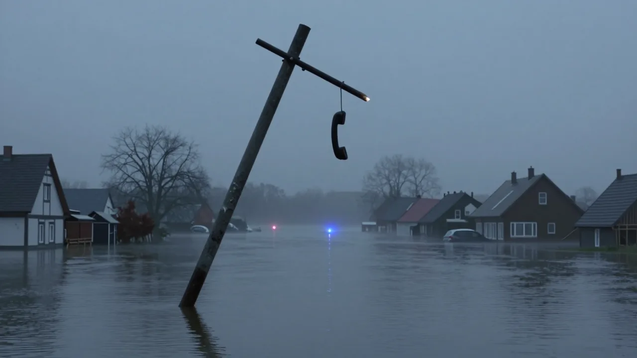 Geflutete Landschaft im Morgengrauen, ein gebrochener Mast, kein Mensch zu sehen — Ahrtal nach dem Bruch