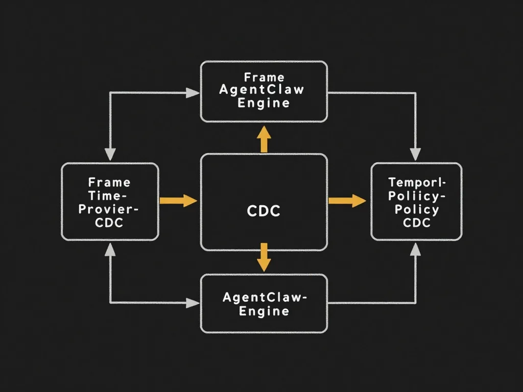 Schematisches Diagramm der AgentClaw-Engine im 1970er-Computerarchitektur-Stil mit Modulen Frame, TimeProvider, CDC, Temporal-Policy