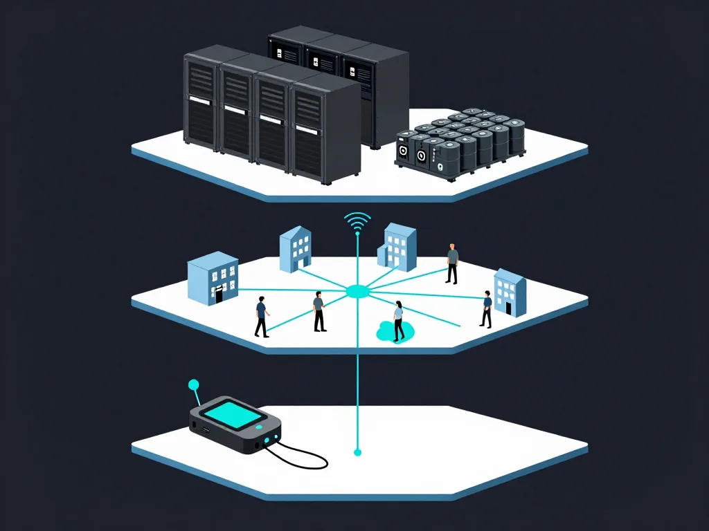 Schematische Darstellung der drei Tiers: Resilience Center oben, Mesh-Peers in der Mitte, Wearable unten