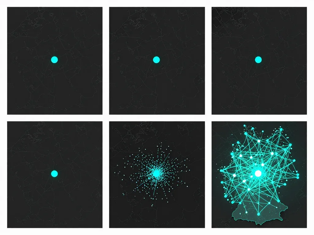 Vier-Panel-Bildsequenz einer Stadt von oben: erst ein Lichtpunkt, dann fünf, dann Dutzende, dann ein leuchtendes Netzwerk