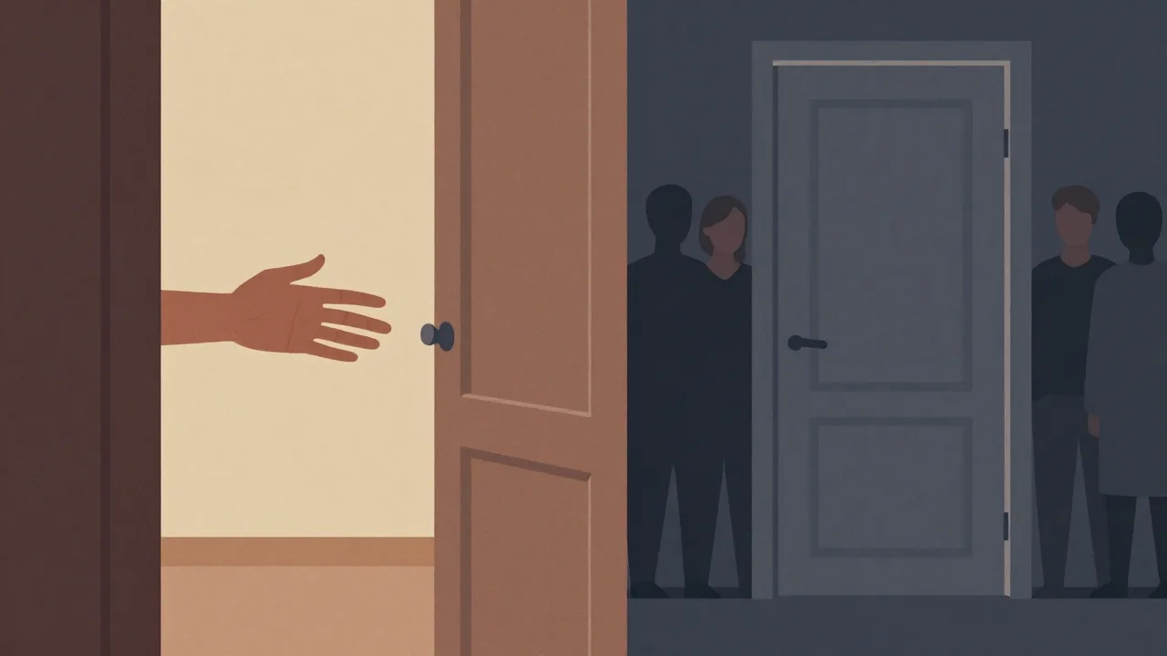 Diptych: links eine Tür mit zwei Händen die sich begegnen, rechts eine geschlossene Tür mit Figuren dahinter