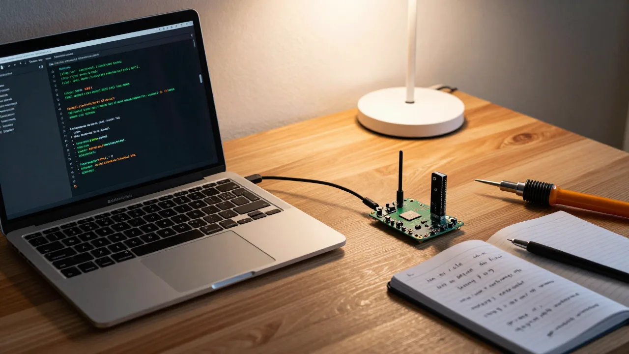 Werkstatt-Tisch am Abend mit MacBook, Raspberry Pi mit Hailo-NPU, kleine Antenne, handgeschriebene Notizen