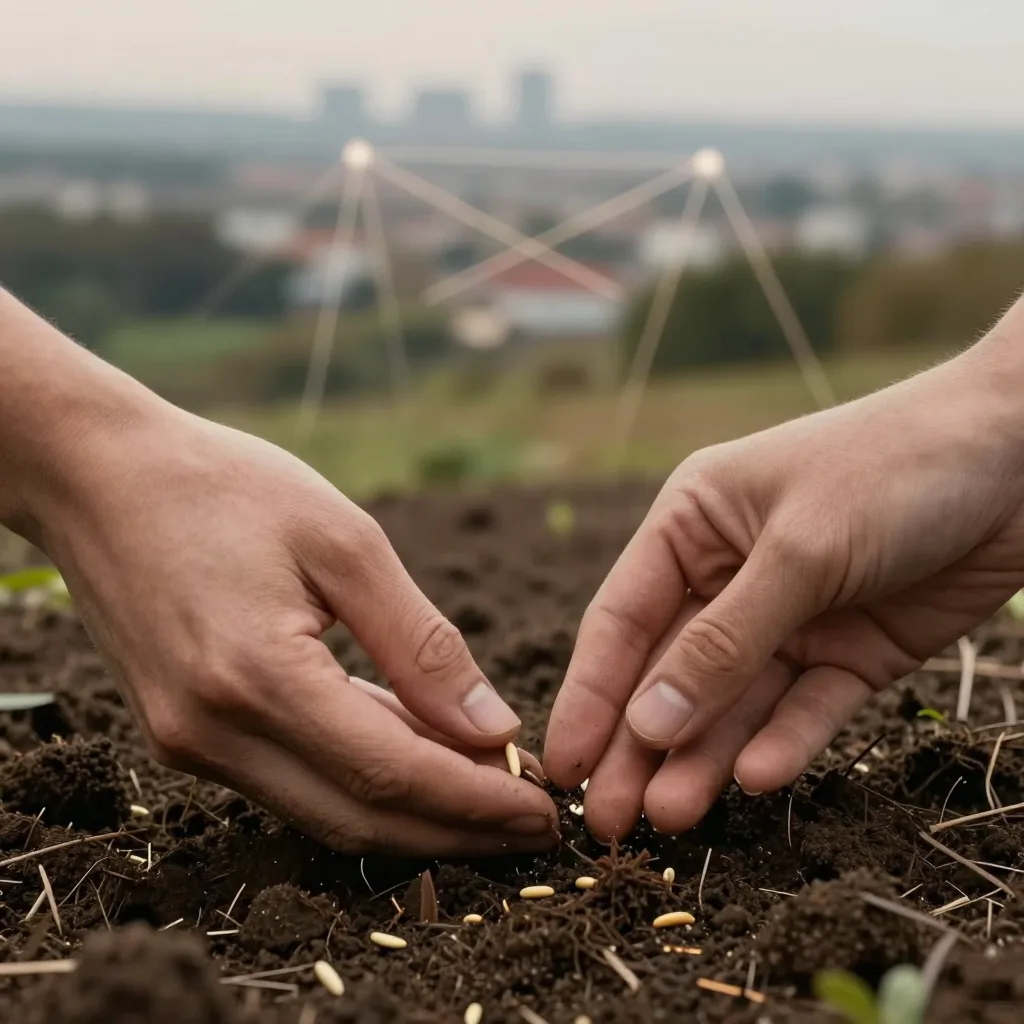 Hände setzen ein winziges Saatkorn in dunklen Boden, im Hintergrund unscharf eine Stadt mit Netzwerklinien