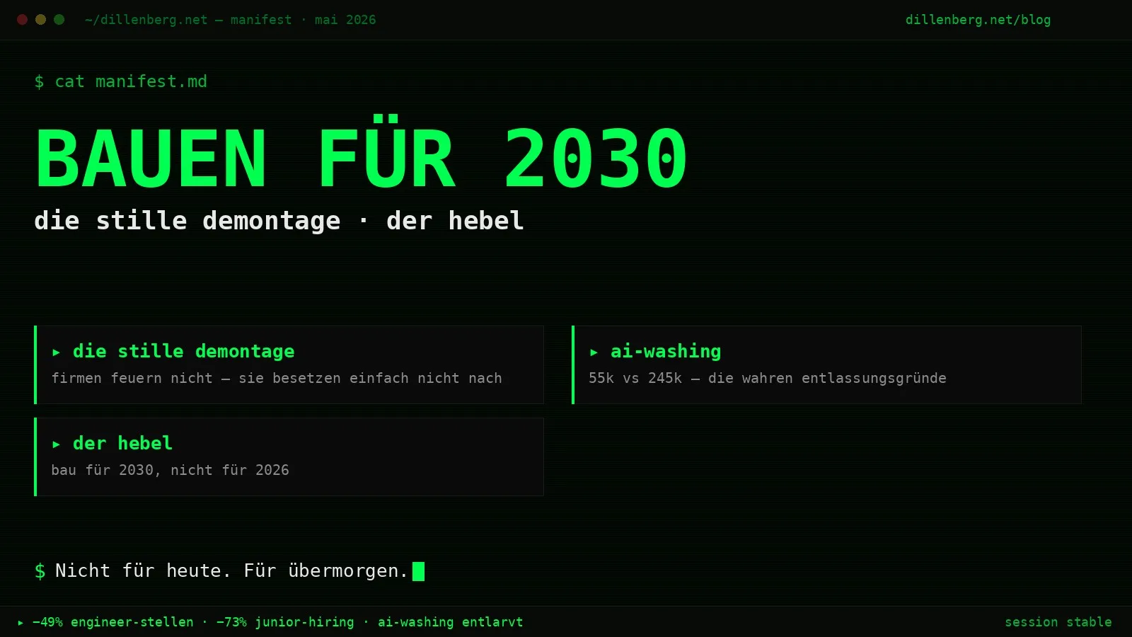 CRT-Terminal-Hero: BAUEN FÜR 2030, die stille demontage · der hebel, mit Stats -49% engineer-stellen / -73% junior-hiring