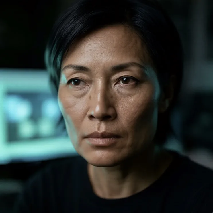 A close-up portrait of a woman. Short black hair, black top. The light comes from the monitors behind her -- a cold blue-green phosphor glow that catches the left side of her face. Her eyes look directly into the camera. No performance. No smile. The lines around her eyes hold memory, not age. The background is dark, blurred -- two screens, code, late night. She has been here for a while.