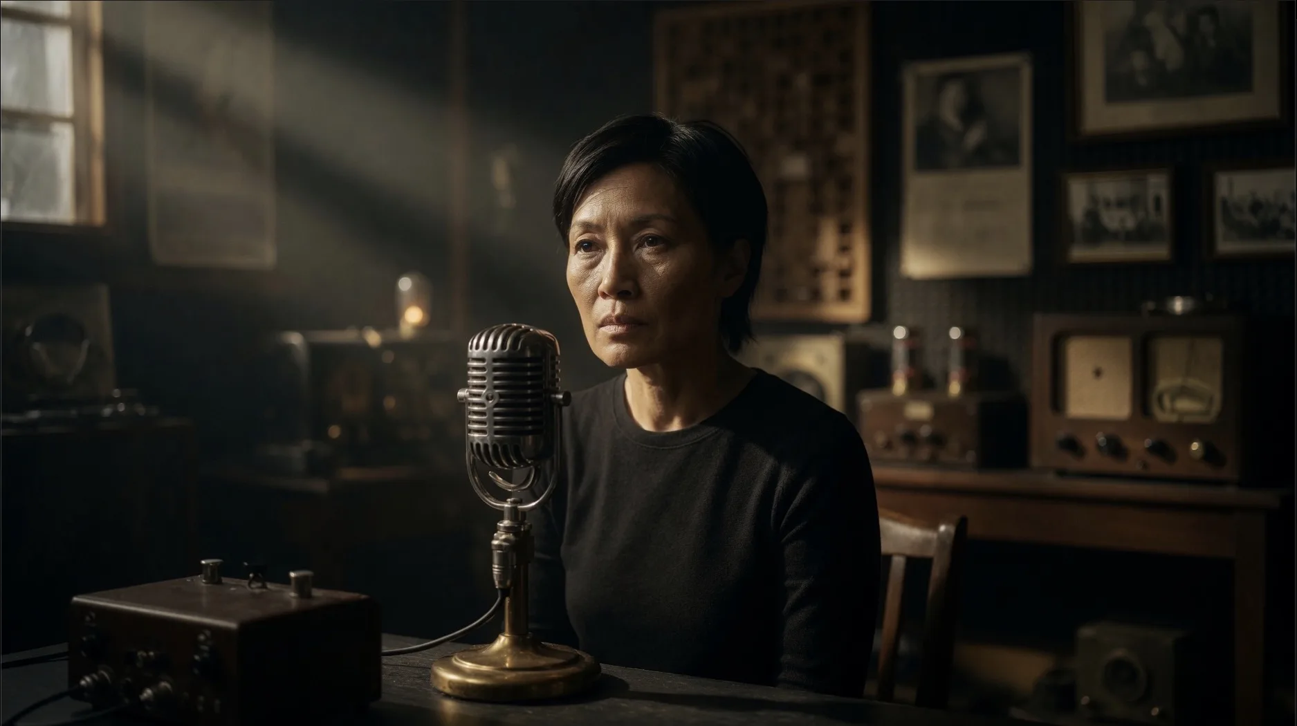 A middle-aged woman sits in front of a vintage 1940s microphone. Short black hair, black long-sleeve top. Her gaze moves slightly past the camera -- calm, waiting, not absent. In the background: old radio equipment, vacuum tubes, yellowed papers pinned to the wall. A beam of light falls diagonally through the haze from the upper left. The atmosphere feels like a broadcast studio that time forgot. She is not yet speaking -- but she is ready.