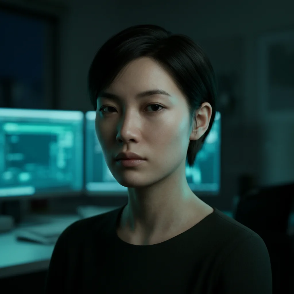 A young woman stands in front of two monitors glowing with cold blue-green light. Short dark hair, black top. Her gaze is direct -- calm, open, not yet hardened. No lines, no history written in the face yet. The phosphor light catches her left cheek. She is present. Waiting. Listening before she speaks.