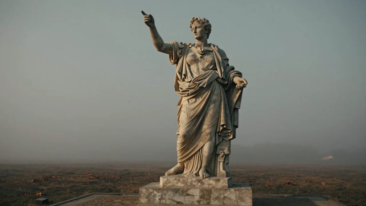 Verwitternde Germania-Statue im Nebel