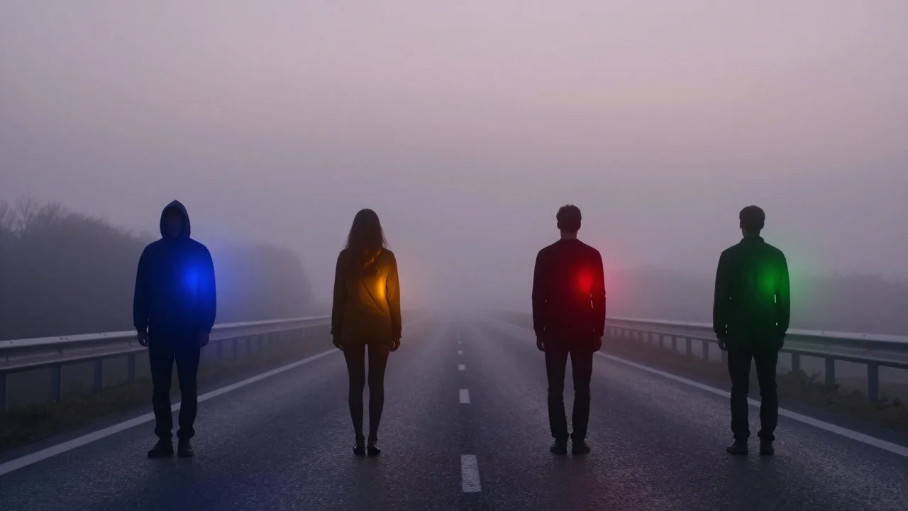 Vier Silhouetten auf nebliger Autobahn bei Morgendämmerung