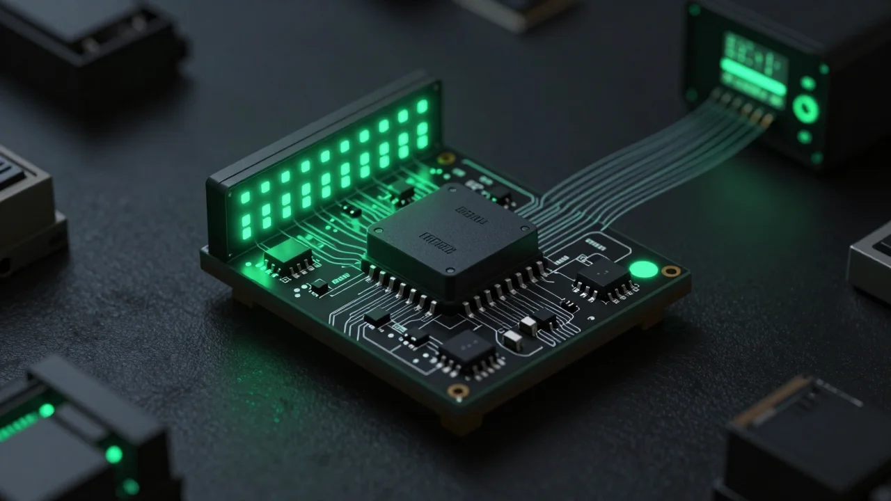 Hardware-Watchdog auf schwarzer Platine, grüne LEDs, Datenströme als Lichtspuren — Sinnbild für Sovereign Continuity