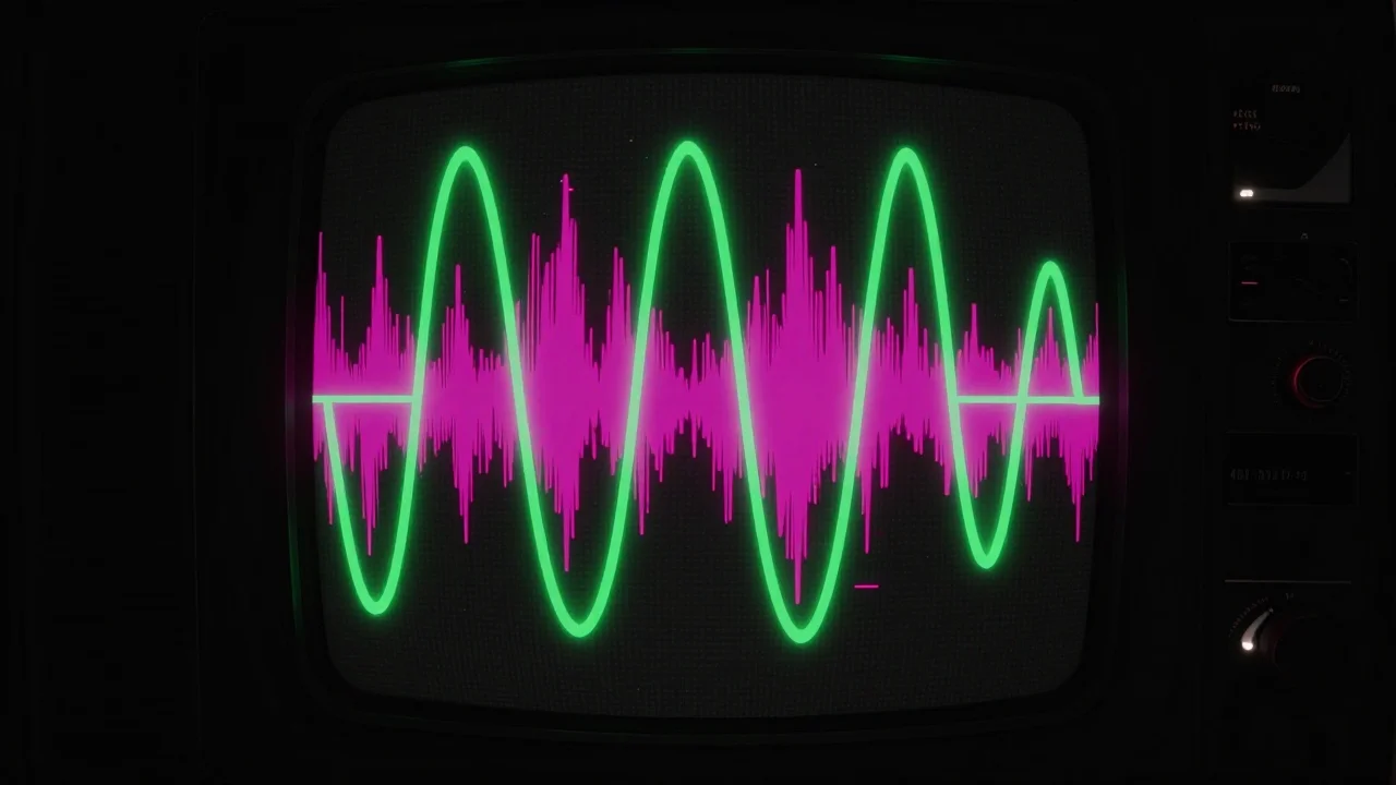 Bright green oscilloscope wave polluted by magenta interference