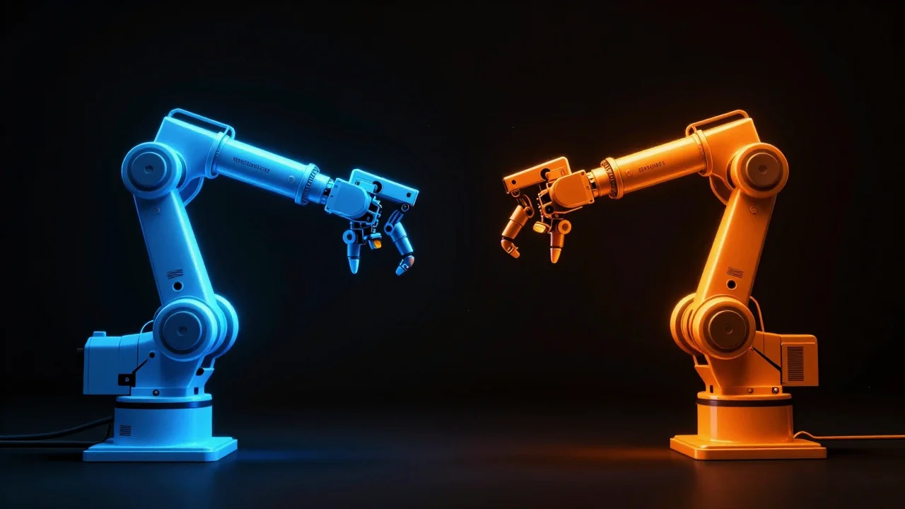 Cyan agent arm vs amber watchdog arm across a black abyss
