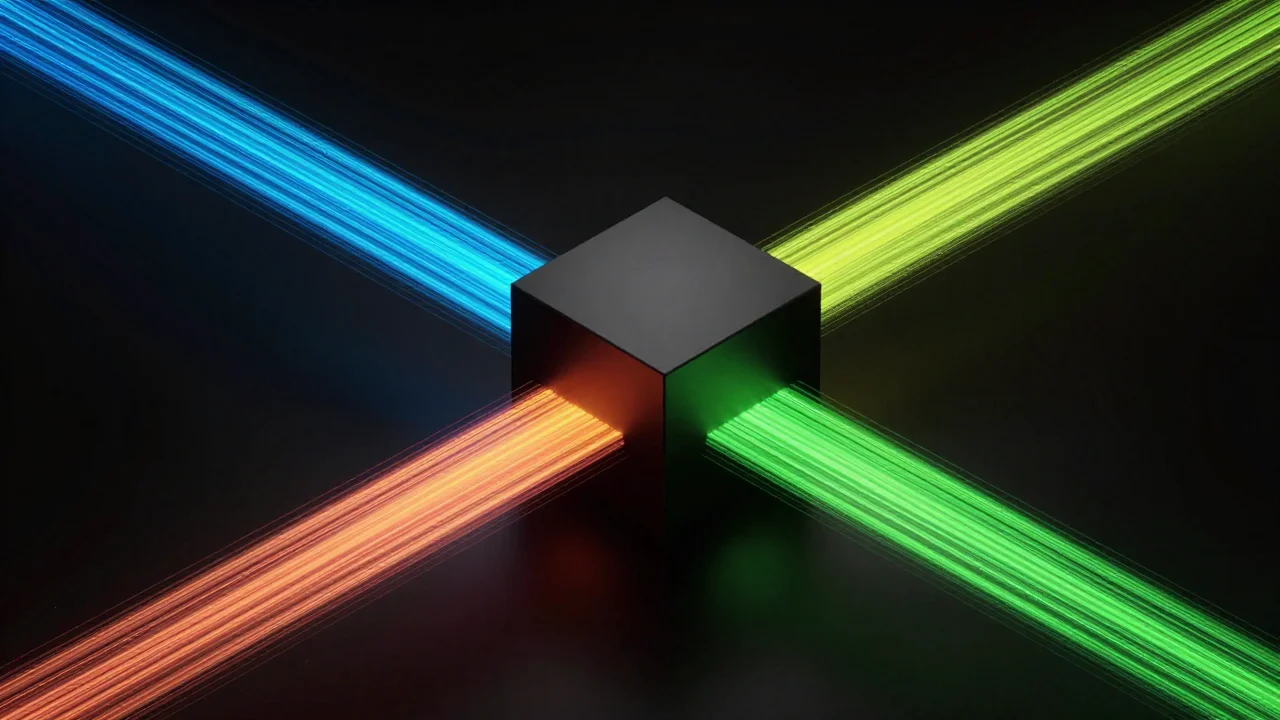 Four colored data streams converging into a black cube