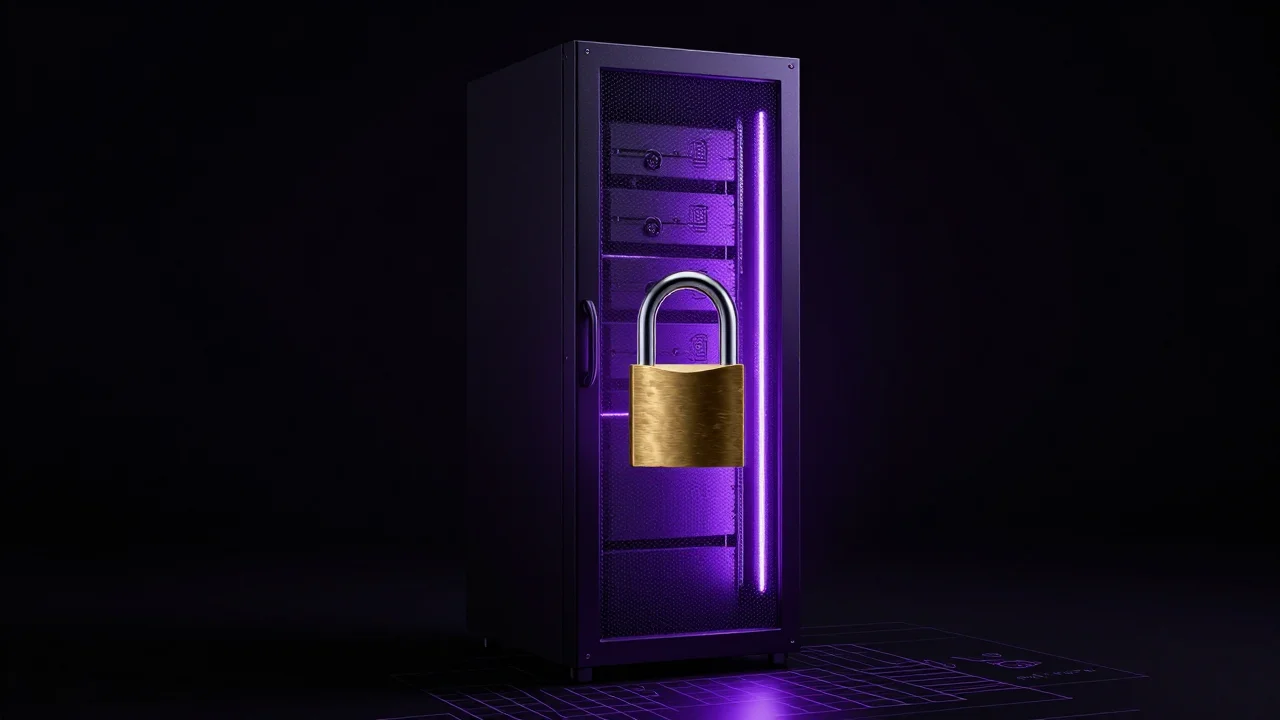 Single server rack with violet light and a brass padlock