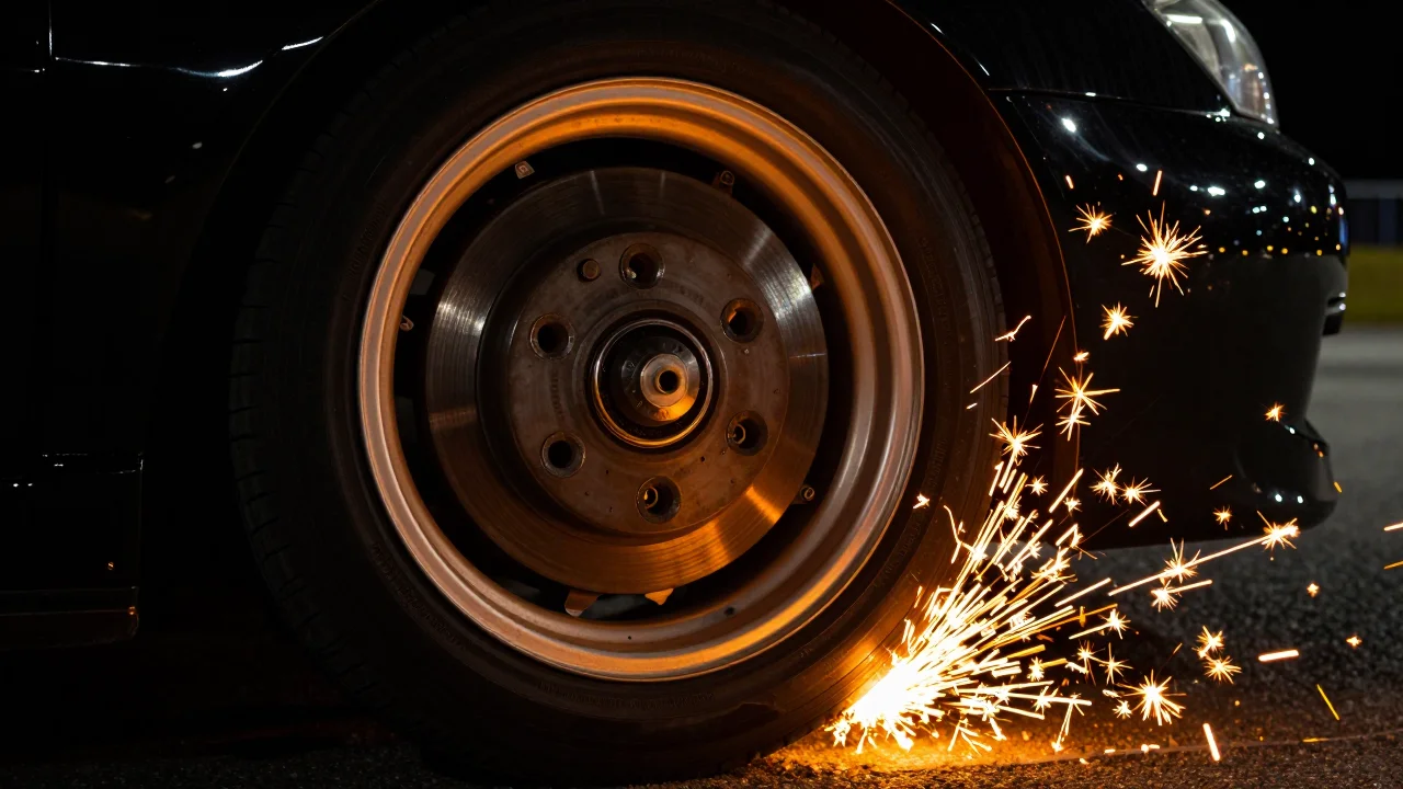 Glowing brake disc with orange sparks on a black track